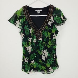 Nine West | Silk Floral Blouse Green White Size 12
